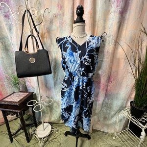 📌Liz Claiborne Blue/ White  Peacock Sleeveless Midi Dress with Gold Threading